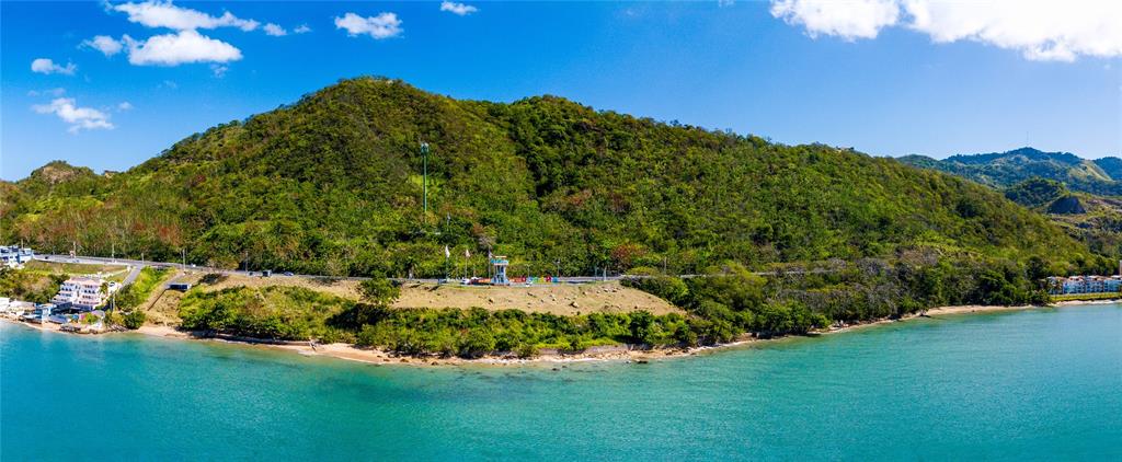 An aerial view shows a coastal hillside covered in lush vegetation overlooking turquoise water — BO. CAGUABO, ANASCO, PR