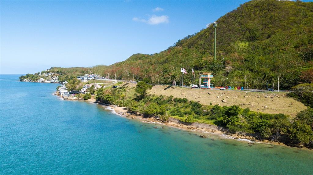 An aerial view shows a coastal road, a lookout tower, and houses along the shoreline — BO. CAGUABO, ANASCO, PR