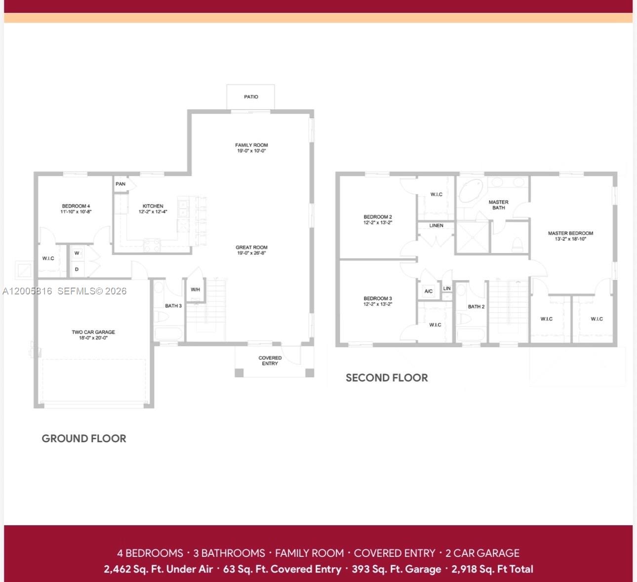 This floor plan shows a two-story house with four bedrooms, three bathrooms, and a garage — 11902 SW 231 lane, Miami FL 33170, MIAMI, FL
