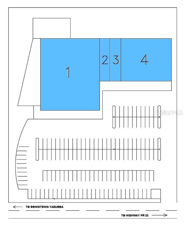 This is a site plan showing a commercial building with four units and a parking lot — 97 SATURNINO RODRIGUEZ #97, YABUCOA, PR