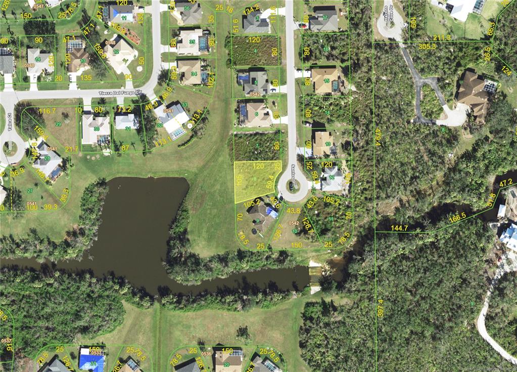 This is an aerial map showing residential lots, a cul-de-sac, and a pond — 219 SANTOS (LOT 8) DRIVE, PUNTA GORDA, FL