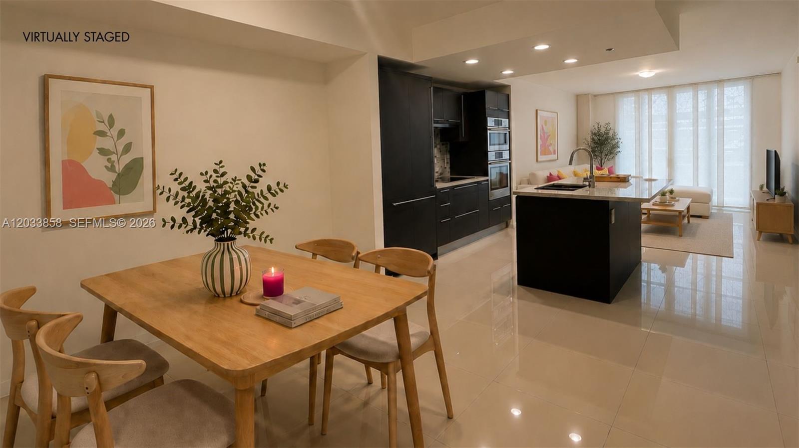This virtually staged open-concept living area features a dining space, kitchen island, and living room — 7825 NW 107th Ave # 218, Doral FL 33178, DORAL, FL