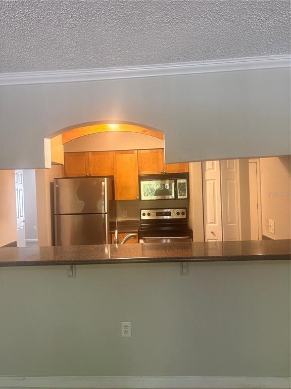 A kitchen with stainless steel appliances and wood cabinets is viewed through a pass-through window — 10100 SAILWINDS BOULEVARD N UNIT 206, LARGO, FL
