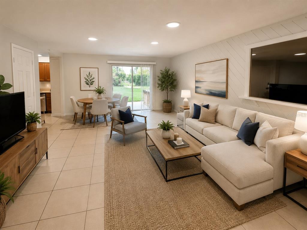 A living room with a sectional sofa, coffee table, and an adjacent dining area — 2434 RIO PINAR LAKES BOULEVARD, ORLANDO, FL