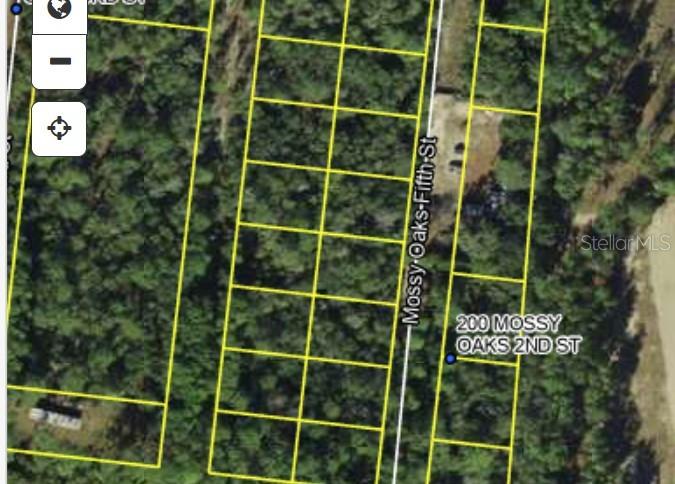 This is a satellite map view showing multiple undeveloped rectangular land parcels and a street — 200 MOSSY OAKS 4TH STREET, QUINCY, FL