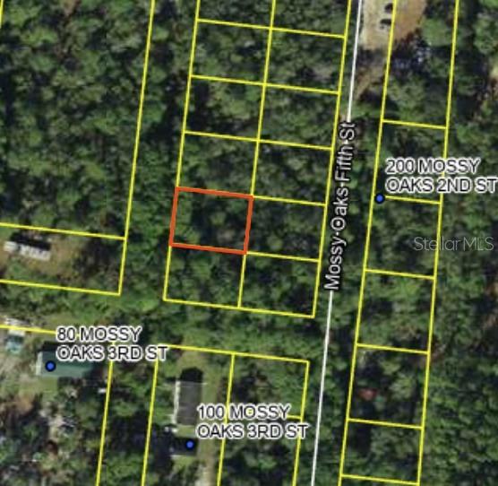 This is a satellite map showing a highlighted vacant lot among other undeveloped land parcels — 200 MOSSY OAKS 4TH STREET, QUINCY, FL