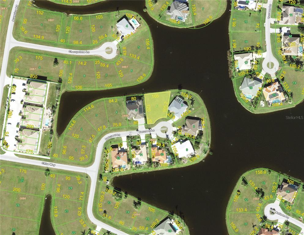 This is a satellite map showing residential lots, cul-de-sacs, and surrounding bodies of water — 17114 BARCREST LANE, PUNTA GORDA, FL