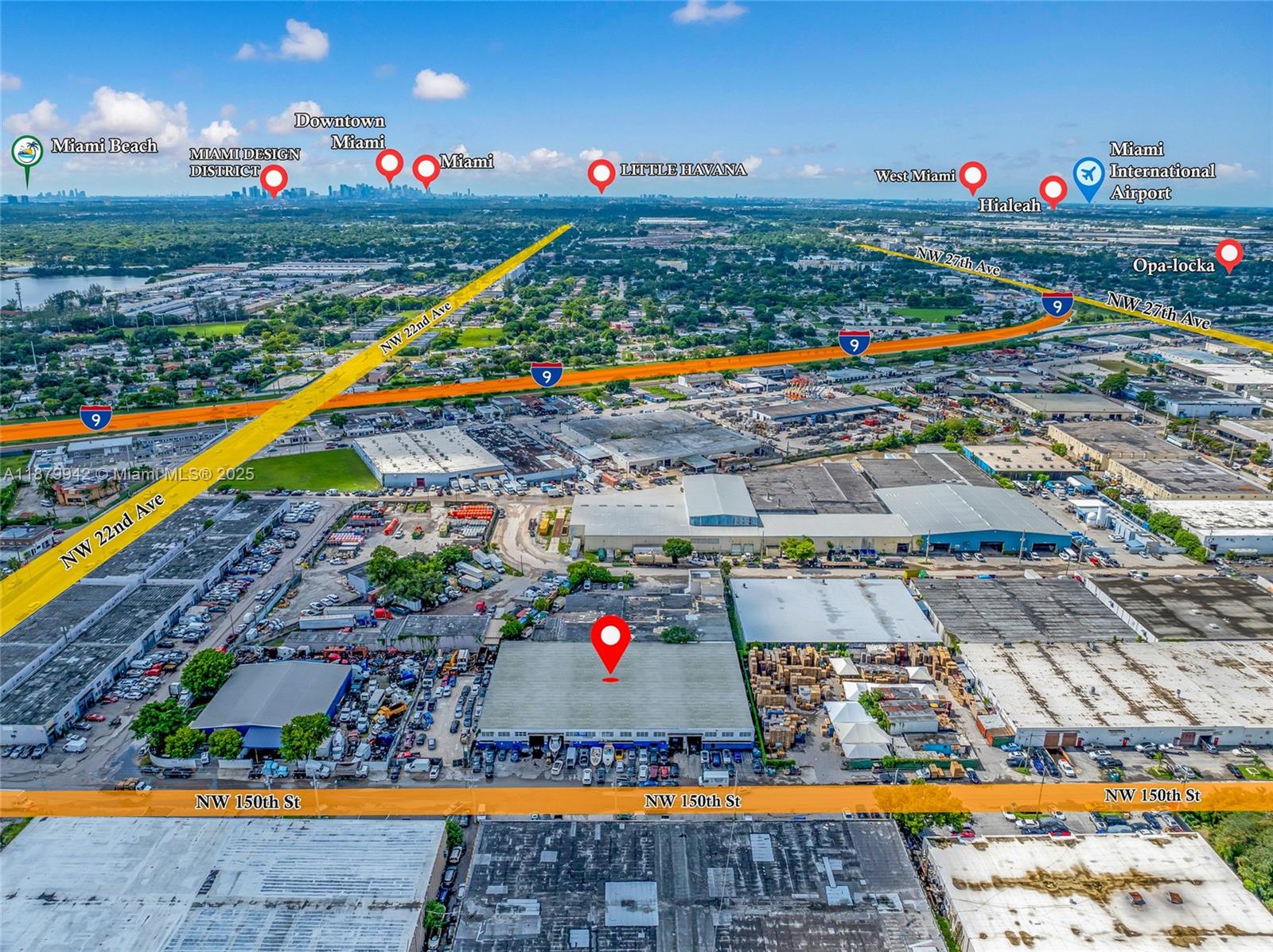 This aerial view shows a commercial warehouse building located near major highways and city landmarks — 2310 NW 150th St, Opa-Locka FL 33054, OPA-LOCKA, FL