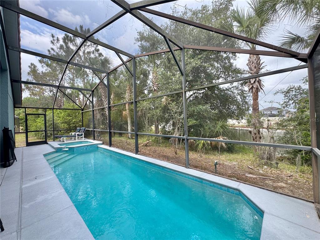 A screened-in swimming pool and spa sit on a concrete patio overlooking wooded grounds — 502 VIOLA DRIVE, DAVENPORT, FL