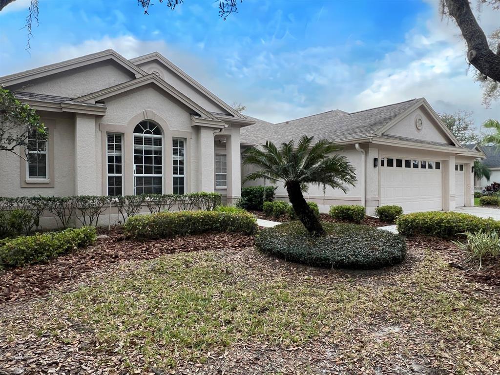 A single-story house with a beige stucco exterior, a multi-car garage, and a landscaped front yard — 18111 SUGAR BROOKE DRIVE, TAMPA, FL