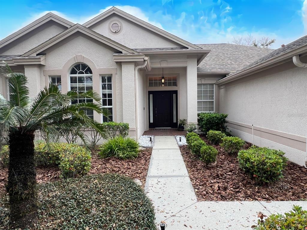 The exterior of a single-story house features a front walkway leading to a dark door — 18111 SUGAR BROOKE DRIVE, TAMPA, FL