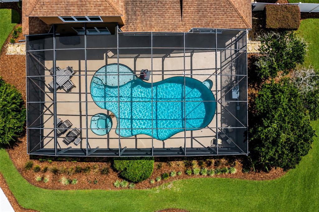 An aerial view of a backyard swimming pool enclosed by a screened-in lanai — 407 OSPREY LAKES CIRCLE, OVIEDO, FL