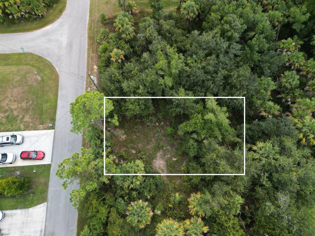 An aerial view shows a rectangular, wooded vacant lot adjacent to a paved residential street — 0 INDIO STREET, NORTH PORT, FL