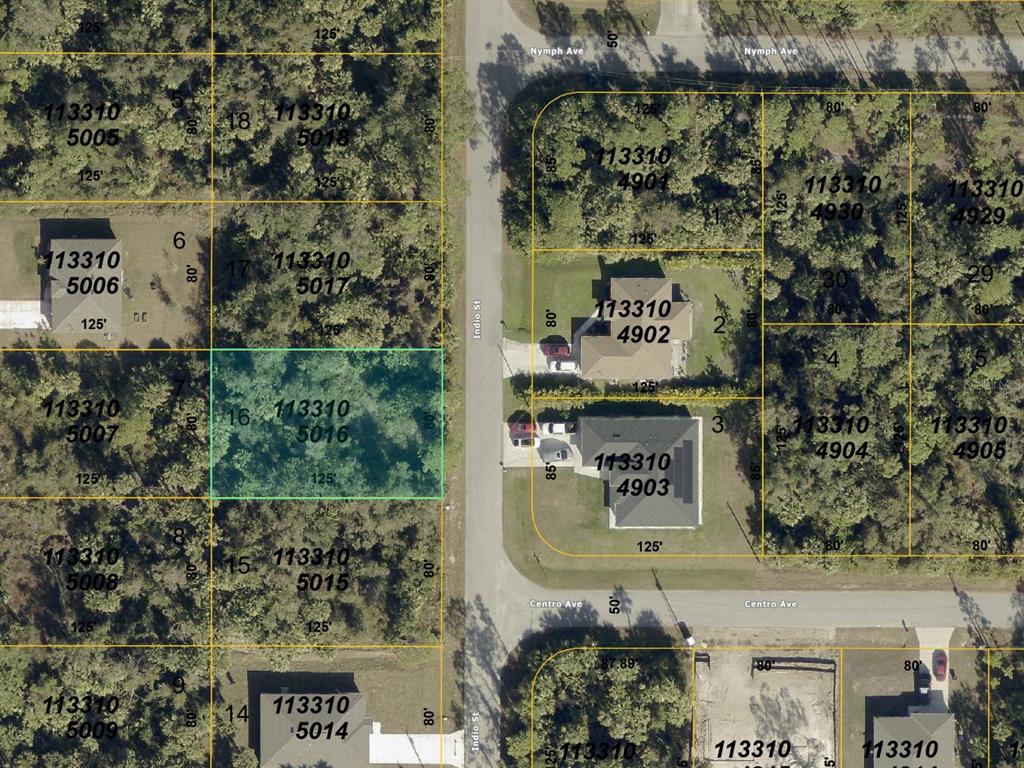 This is a satellite map showing residential lots and street layouts — 0 INDIO STREET, NORTH PORT, FL