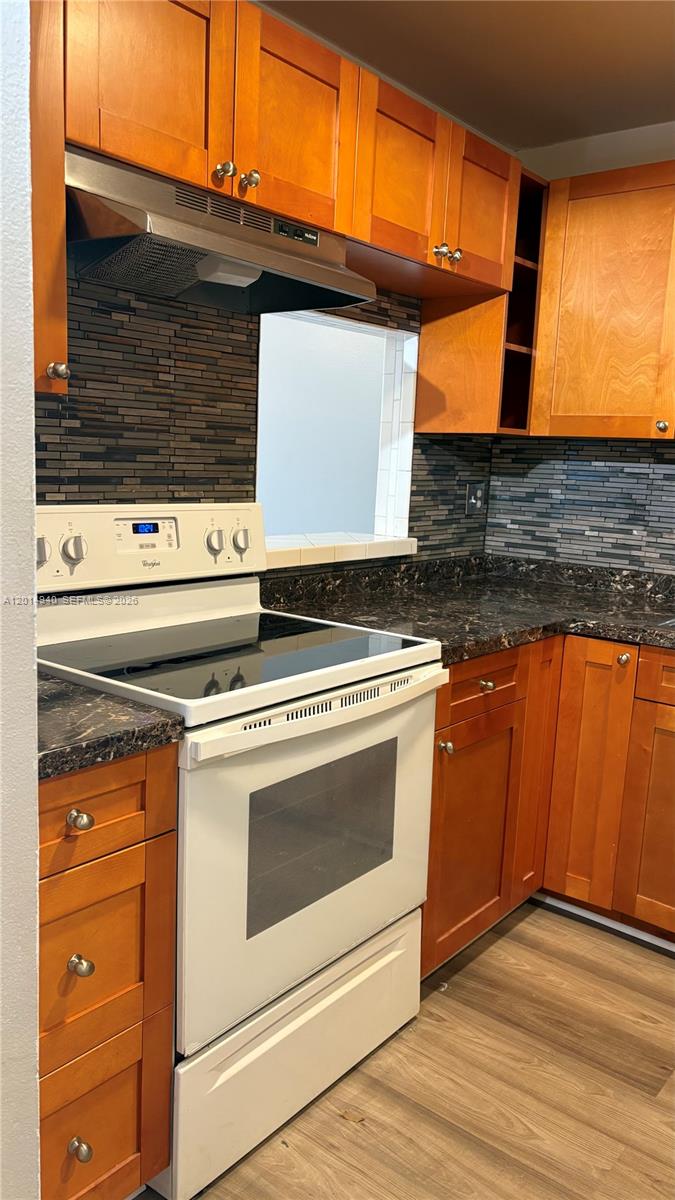 A kitchen features wood cabinets, a white electric range, and a dark stone countertop — 4334 NW 9th Ave # 2F, Deerfield Beach FL 33064, DEERFIELD BEACH, FL