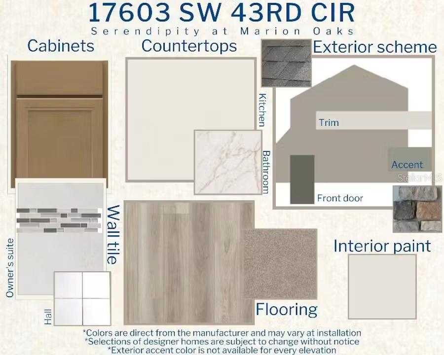 This design board displays material and color selections for home cabinetry, countertops, flooring, and exterior finishes — 17603 SW 43RD CIRCLE, OCALA, FL