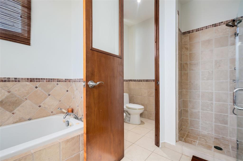 A bathroom features a bathtub, a separate shower, and a toilet behind a wooden door — 75 OCEAN DRIVE UNIT 336, HUMACAO, PR