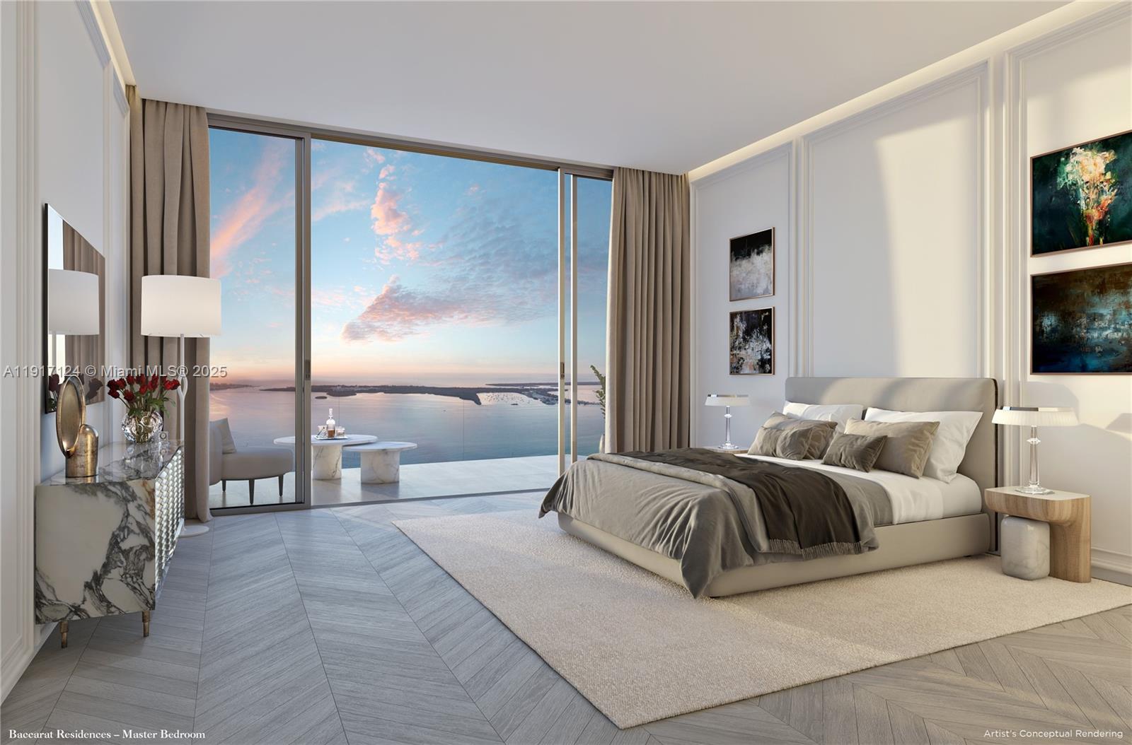 This is a rendering of a modern bedroom featuring a balcony overlooking the ocean — 99 SE 5TH # 7102, Miami FL 33131, MIAMI, FL