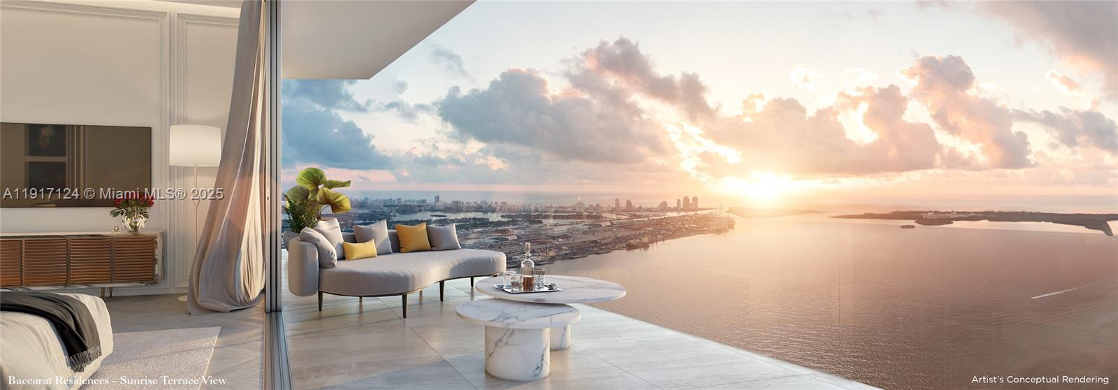 This artist's conceptual rendering shows a luxury balcony overlooking a bay at sunrise — 99 SE 5TH # 7102, Miami FL 33131, MIAMI, FL
