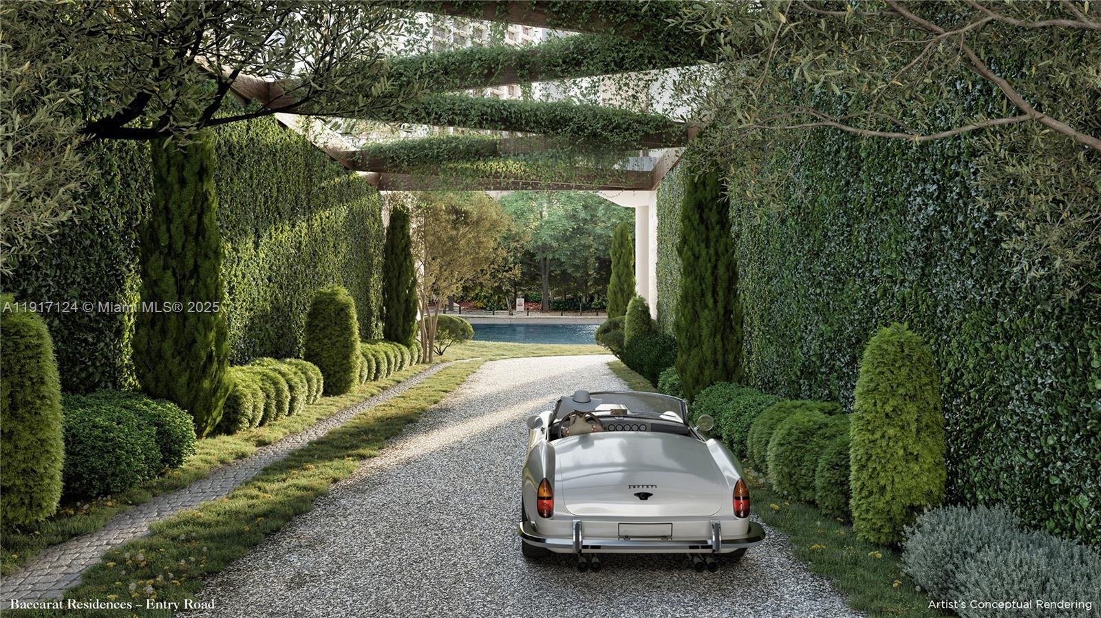 This artist's conceptual rendering shows a vintage car on a gravel driveway lined with hedges — 99 SE 5TH # 7102, Miami FL 33131, MIAMI, FL