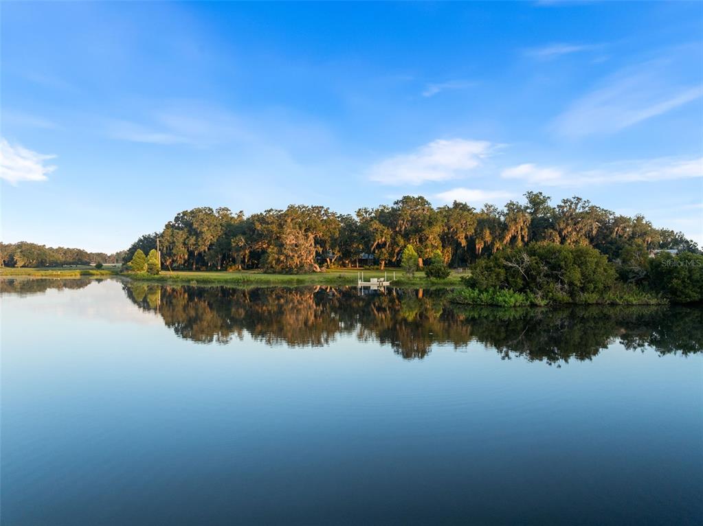 A calm lake reflects a line of trees and a small dock under a blue sky — 33415 KIEFER ROAD, WESLEY CHAPEL, FL