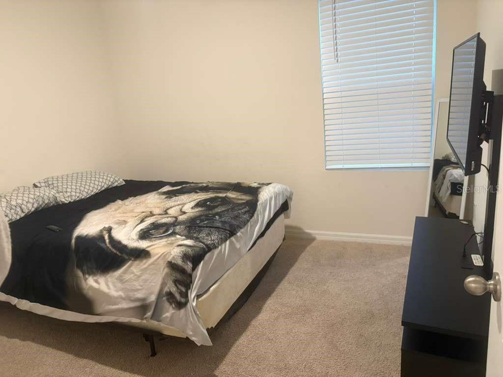 A bedroom features a bed with a pug-themed comforter, beige carpet, and a wall-mounted television — 2343 AQUILINE NEST STREET, EAGLE LAKE, FL