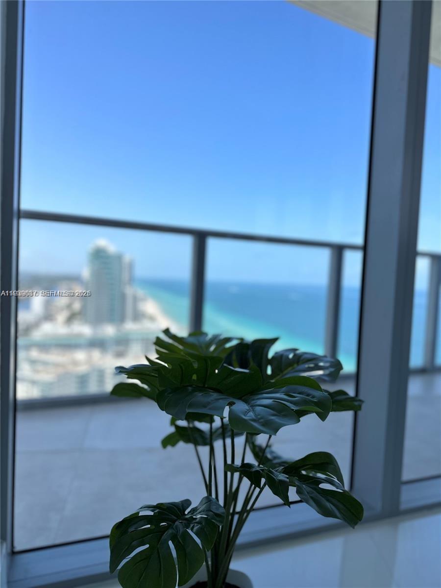 A potted plant sits in front of floor-to-ceiling windows overlooking the ocean and city — 4111 S Ocean Dr # 2902, Hollywood FL 33019, HOLLYWOOD, FL