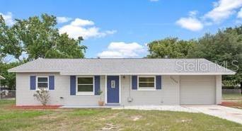 A single-story house with light gray siding, a blue front door, and an attached garage — 35904 DAWN DRIVE, LEESBURG, FL