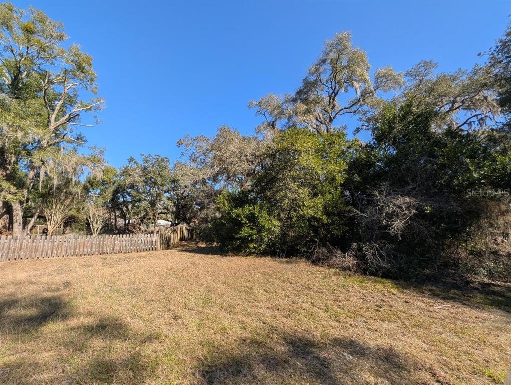 A grassy, sunlit lot is bordered by a wooden fence and dense trees — 0 GLADIOLA COURT, DADE CITY, FL