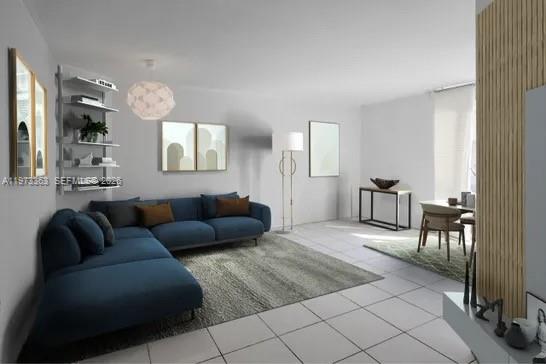 This is a digital rendering of a modern living room featuring a blue sectional sofa — 1688 West Ave # 08, Miami Beach FL 33139, MIAMI BEACH, FL