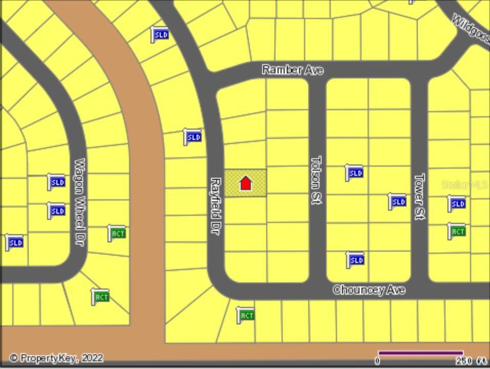 This map shows a residential neighborhood layout with streets, property lots, and real estate markers — RAYFIELD DRIVE, NORTH PORT, FL