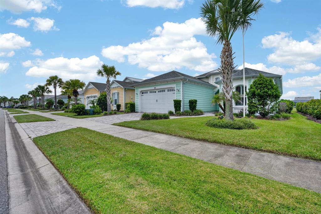 A street view of several colorful single-story houses with palm trees and manicured lawns — 713 LANDSHARK BOULEVARD, DAYTONA BEACH, FL