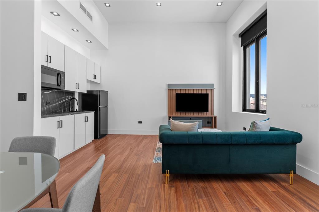 A modern living room and kitchen area with white cabinets, wood floors, and a sofa — 6951 C REINA ISABEL STE. 101 UNIT 3B Bolero, PONCE, PR