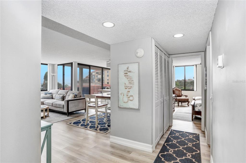 A hallway leads to a living area with light wood flooring and a seahorse wall art — 6104 PALMA DEL MAR BOULEVARD S UNIT 302, ST PETERSBURG, FL