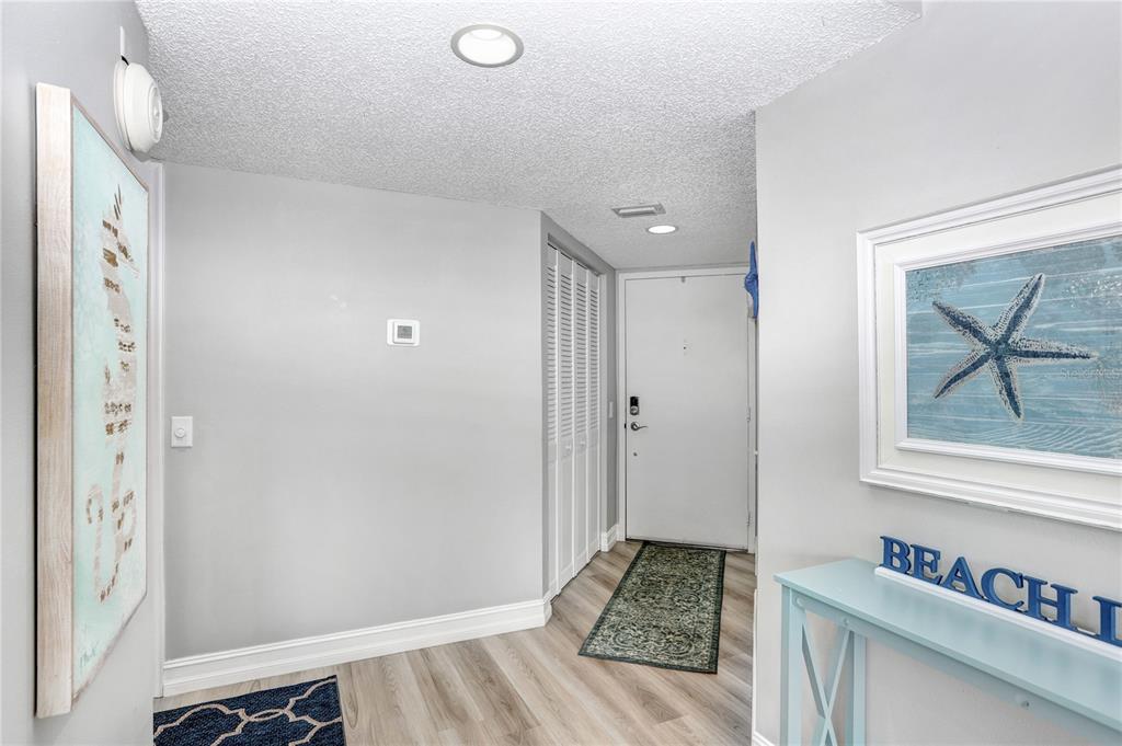 An entryway features light wood-look flooring, gray walls, a white door, and coastal-themed wall art — 6104 PALMA DEL MAR BOULEVARD S UNIT 302, ST PETERSBURG, FL