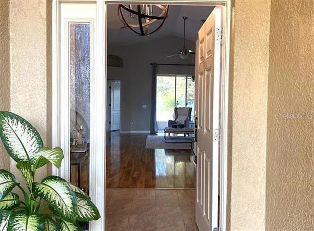 An open front door reveals an entryway with tile flooring leading into a living area — 31352 GOLDEN GATE DRIVE, WESLEY CHAPEL, FL