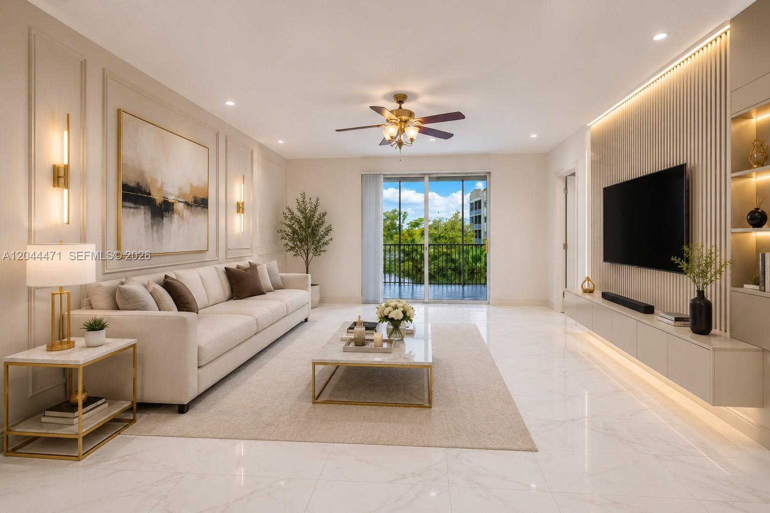 A modern living room features a white sofa, marble coffee table, and a wall-mounted television — 10750 NW 66th St # 312, Doral FL 33178, DORAL, FL