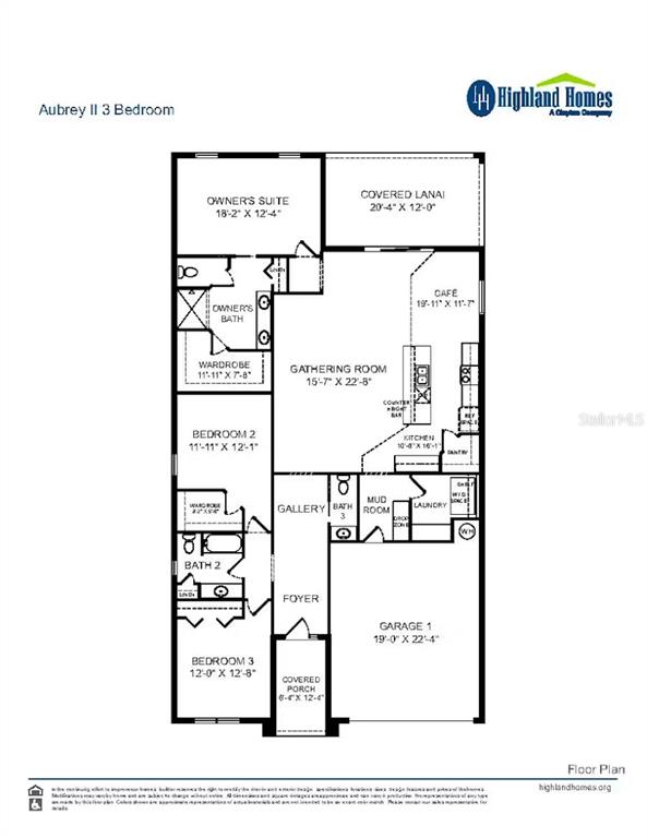 This is a floor plan for a three-bedroom Highland Homes house model — 4476 RIVER BIRCH BEND, LAKELAND, FL