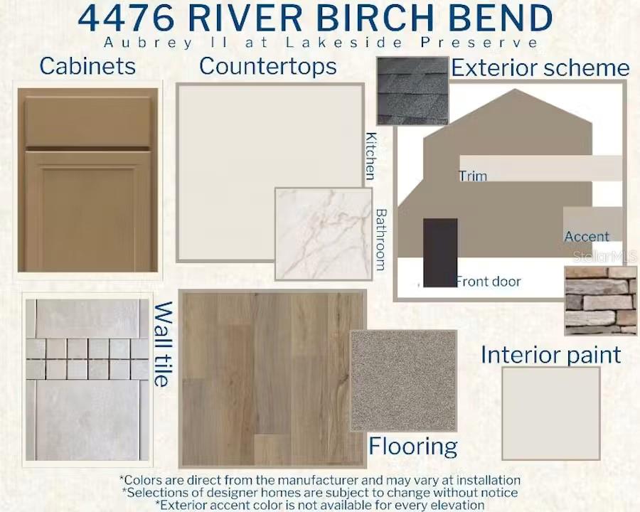This design board displays interior and exterior finish samples for a residential home — 4476 RIVER BIRCH BEND, LAKELAND, FL