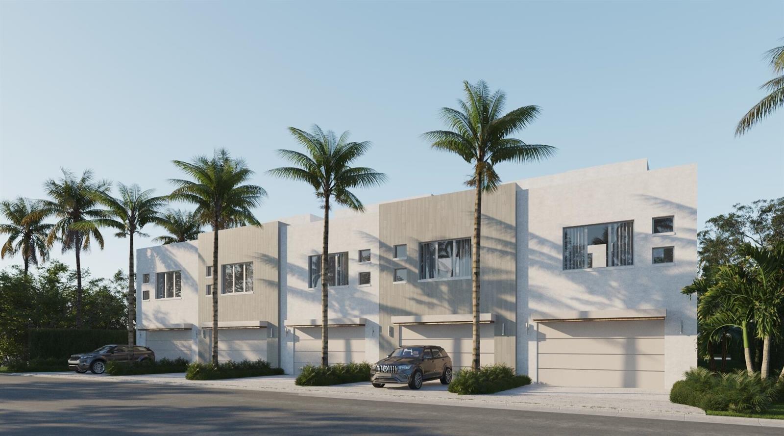 This architectural rendering shows a row of modern townhouses with garages and palm trees — 150 SE 5th Avenue # 1, Delray Beach FL 33483, DELRAY BEACH, FL