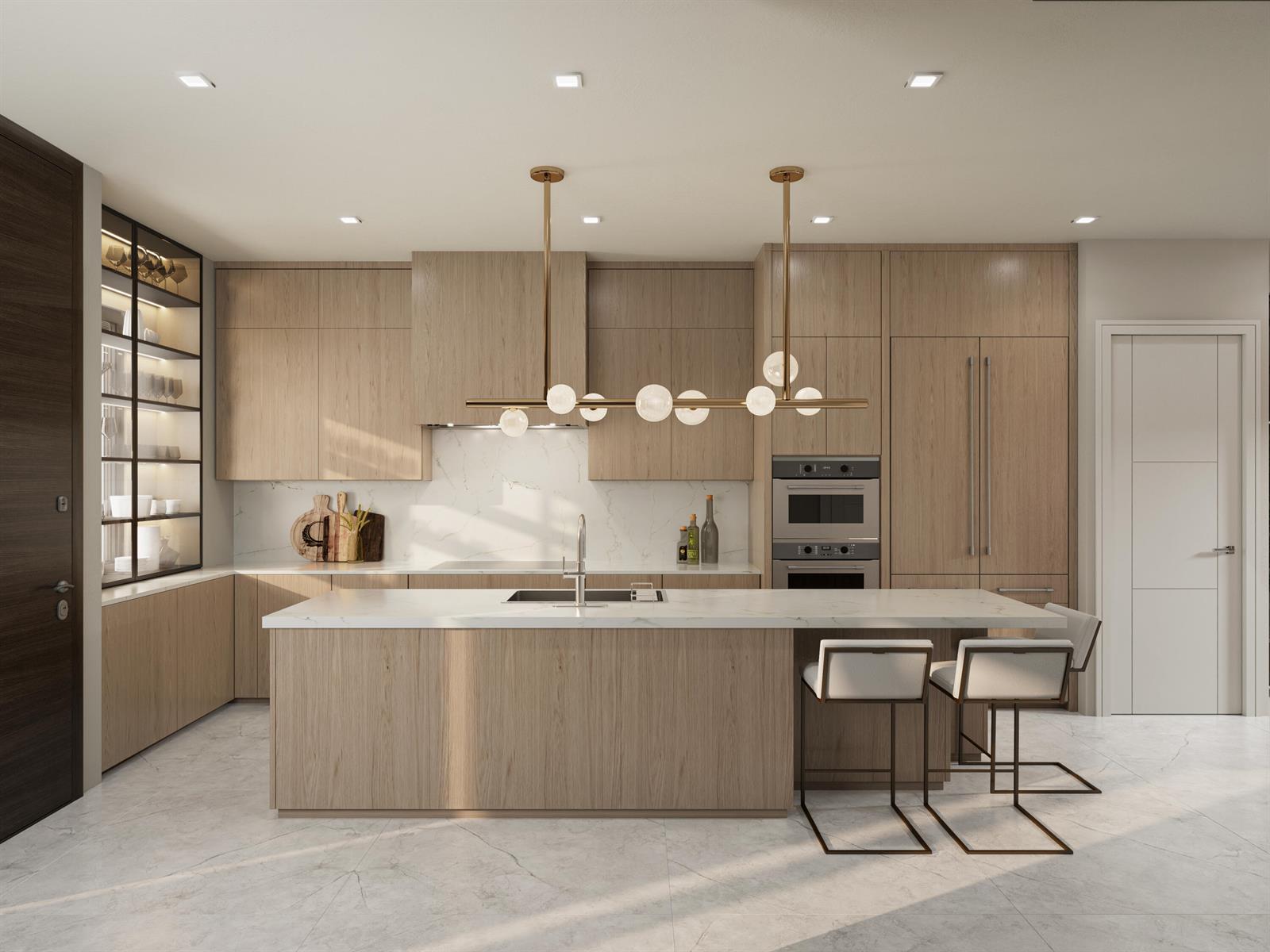 This rendering shows a modern kitchen with light wood cabinetry, a marble island, and gold lighting — 150 SE 5th Avenue # 1, Delray Beach FL 33483, DELRAY BEACH, FL