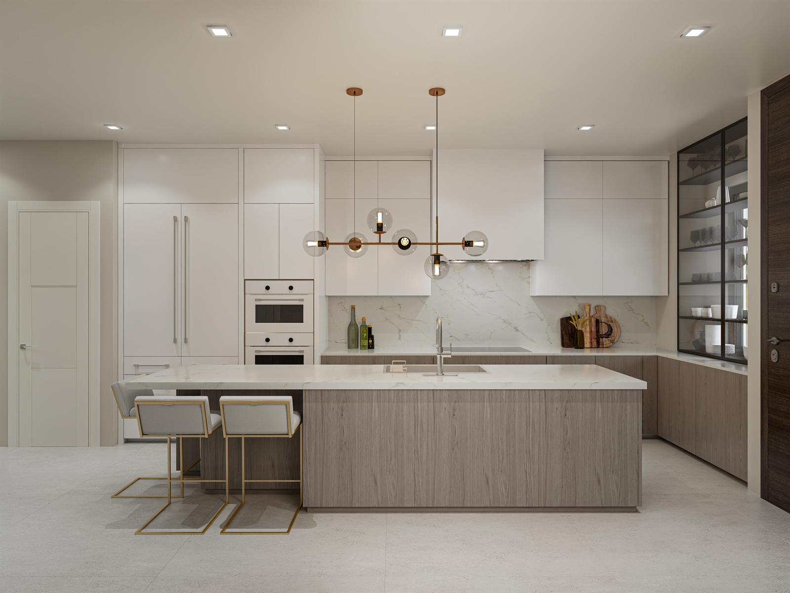 This rendering shows a modern kitchen with a wood-paneled island, white cabinetry, and marble countertops — 150 SE 5th Avenue # 1, Delray Beach FL 33483, DELRAY BEACH, FL