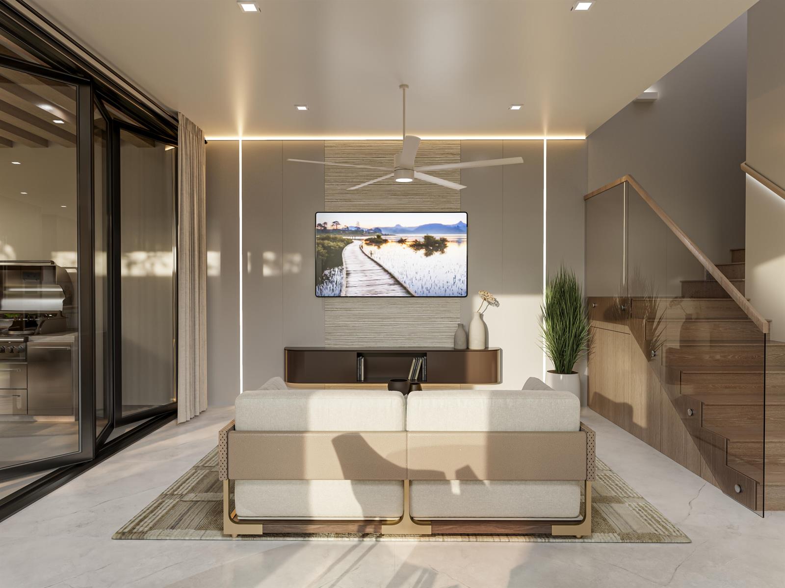 This rendering shows a modern living room with a sofa, wall-mounted television, and wooden staircase — 150 SE 5th Avenue # 1, Delray Beach FL 33483, DELRAY BEACH, FL