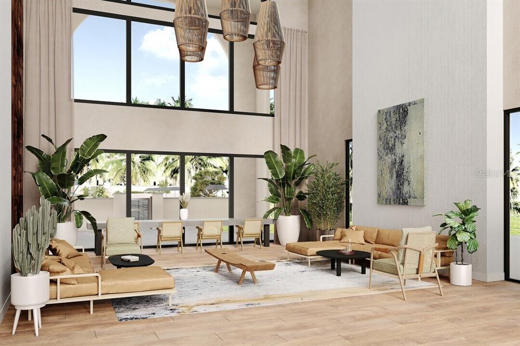 This rendering shows a spacious living room with high ceilings, large windows, and modern furniture — 4865 BIG PINE LOOP UNIT A1, KISSIMMEE, FL