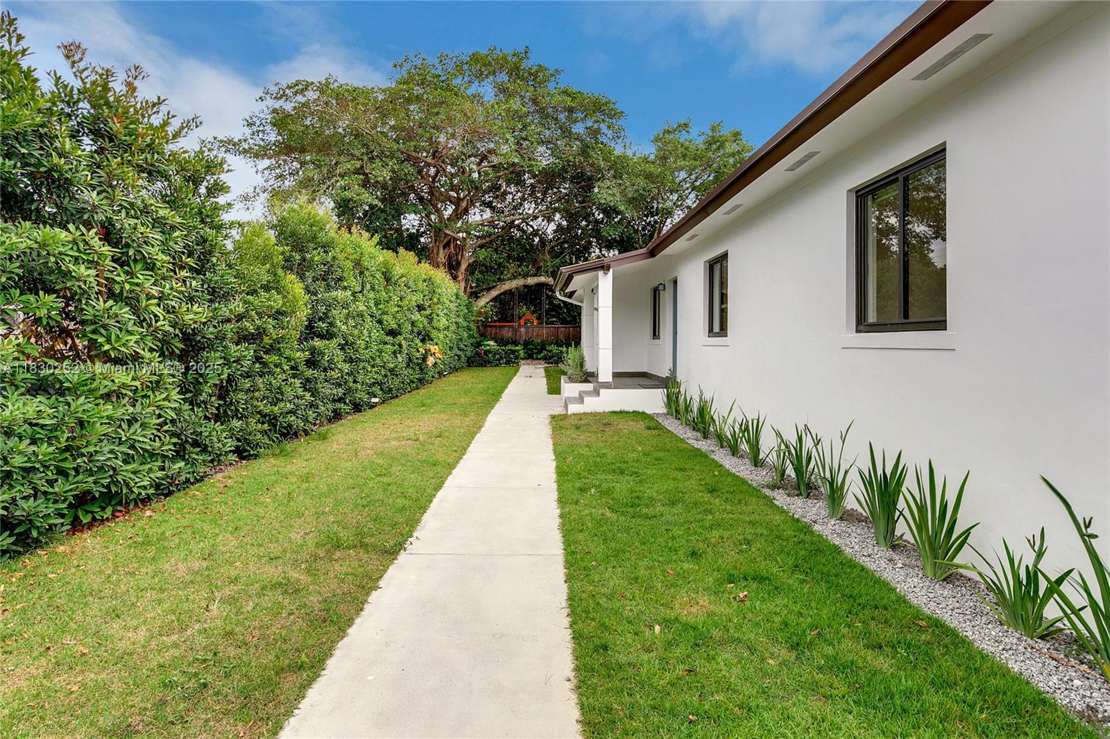 A concrete walkway runs alongside a white house with a tall hedge and landscaping — 36 NW 52nd St, Miami FL 33127, MIAMI, FL