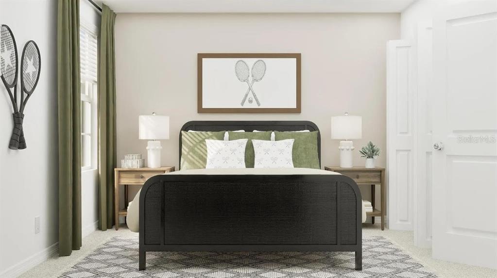 This is a rendering of a bedroom featuring a black bed frame and tennis-themed decor — 6611 CORAL VISTA DRIVE, RIVERVIEW, FL