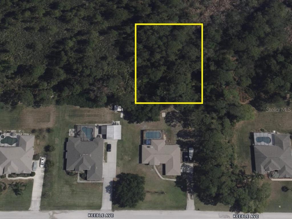 An aerial view shows a rectangular wooded lot outlined in yellow near residential homes — 32 FYFE AVENUE, DEBARY, FL