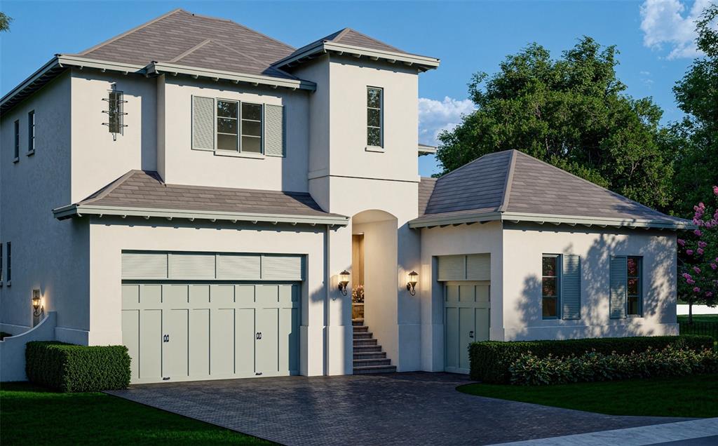 A rendering of a two-story house with a light-colored exterior, a driveway, and two garages — 6151 BAYOU GRANDE BOULEVARD NE, ST PETERSBURG, FL