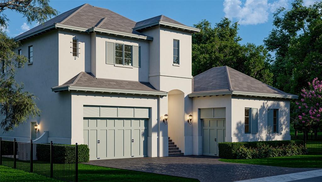 This is a digital rendering of a two-story house with a light-colored exterior and garages — 6151 BAYOU GRANDE BOULEVARD NE, ST PETERSBURG, FL