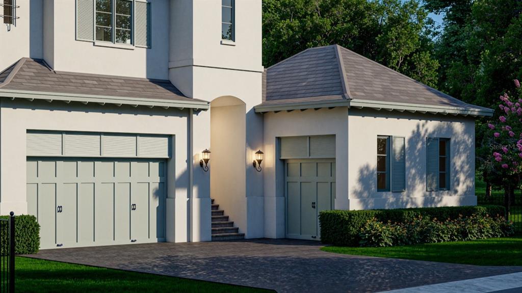 This is a rendering of a house exterior featuring a two-car garage and a single-car garage — 6151 BAYOU GRANDE BOULEVARD NE, ST PETERSBURG, FL
